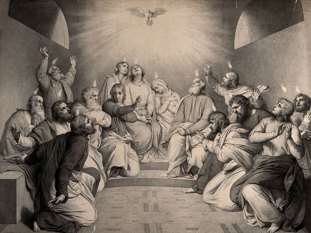Tongues of fire descend on the apostles at Pentecost. Lithograph.