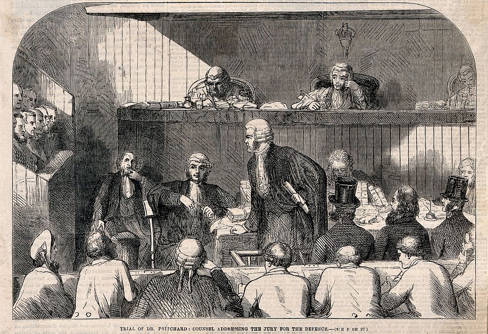 The trial of Dr Edward William Pritchard for murder by poisoning. Wood engraving, 1865.