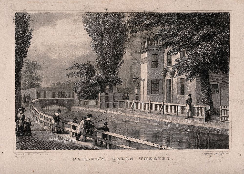 Sadler's Wells Theatre, with the New River running beside. Engraving.