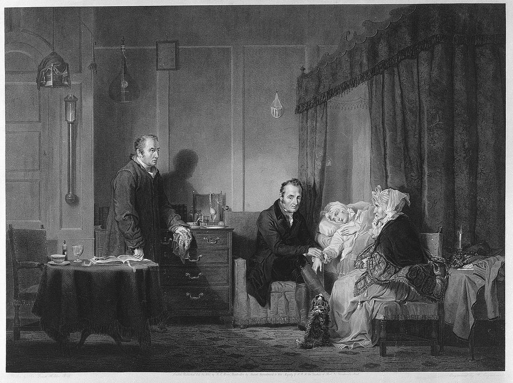 A bedridden sick young woman being examined by a doctor, accompanied by her anxious parents. Engraving by F. Engleheart…