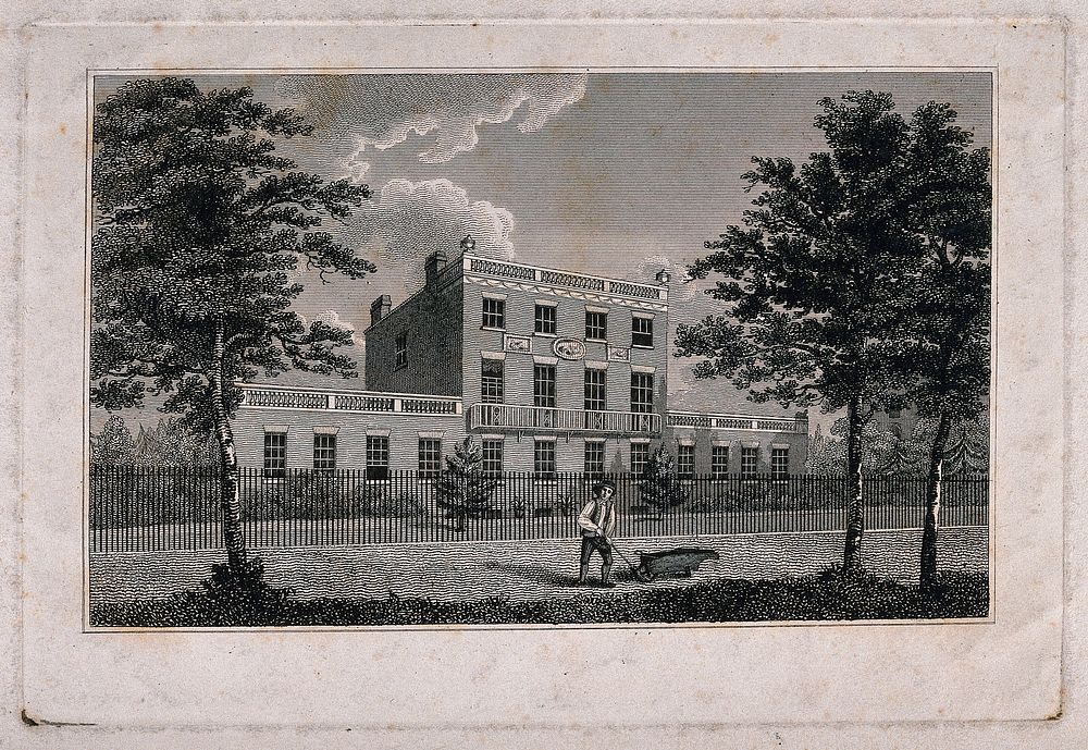John Coakley Lettsom's house and gardens, Grove Hill, Camberwell, Surrey: view from the road. Etching after G. Samuel, 18--.