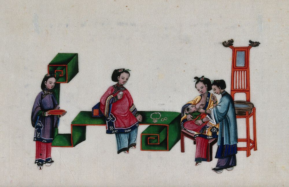 A Chinese woman suckles her child in the presence of three other women. Painting by a Chinese artist, ca. 1850.