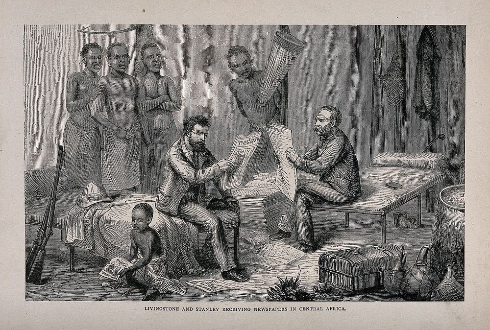 Henry Morton Stanley and David Livingstone in central Africa, reading British newspapers. Process print after Pearson after…