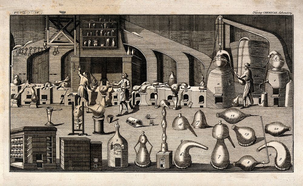 A large chemical laboratory filled with apparatus and types of glass vessel. Engraving, 1778.