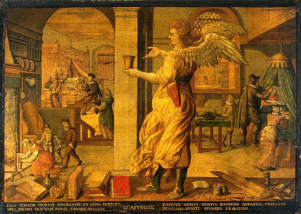 The medical practitioner appearing as an angel when he has started to heal sick people. Coloured engraving by Johann Gelle…