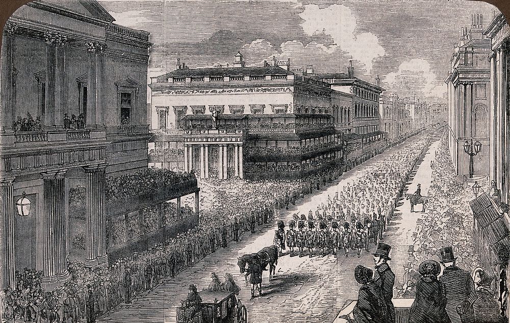 The funeral procession of the Duke of Wellington passing through Pall Mall in 1852. Wood engraving.