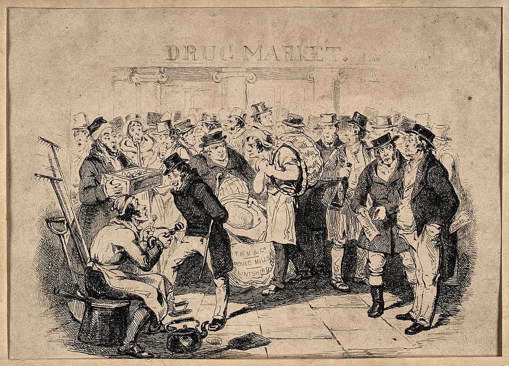 A market selling drugs and materia medica. Etching by J. Phillips, 18--.