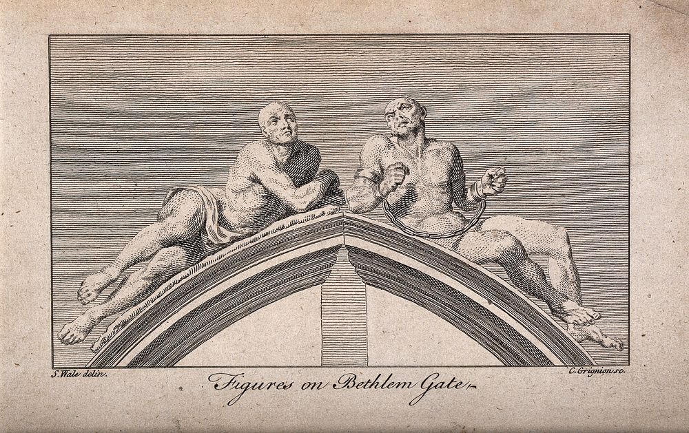 Statues of "raving" and "melancholy" madness, each reclining on one half of a pediment, formerly crowning the gates at…