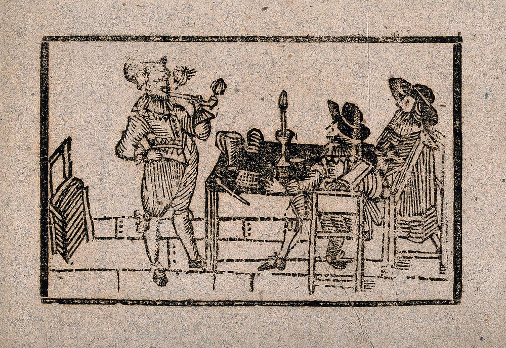 A man stands smoking a pipe as two onlookers sit at a table. Woodcut, 17th century.