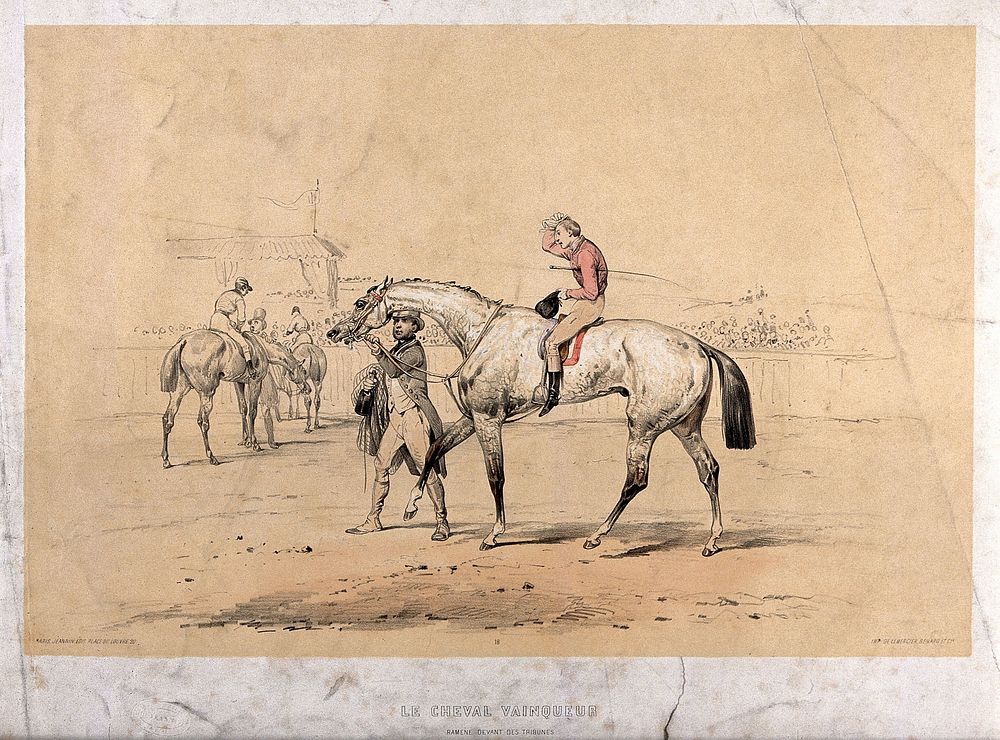 A winning race horse and jockey are led from the race course. Coloured lithograph attributed to V.J. Adam after himself, ca.…