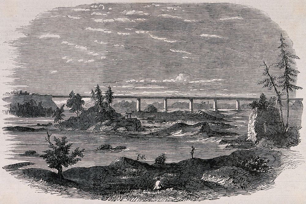 A long railway bridge crosses a rocky and watery landscape. Wood engraving.