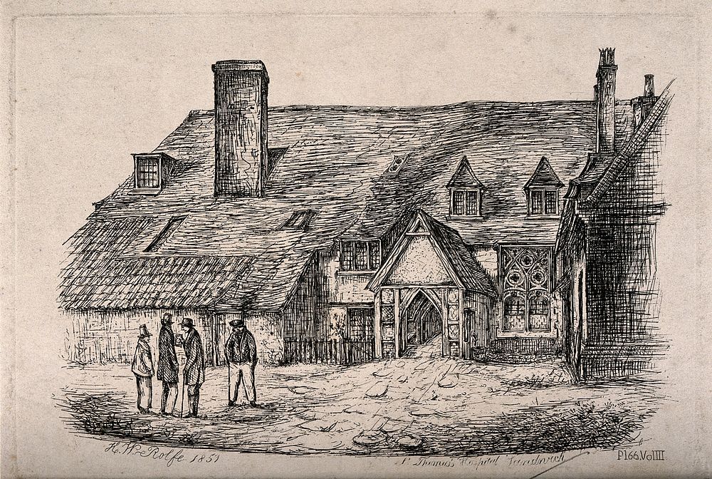St. Thomas Hospital, Sandwich, Kent. Etching by H.W. Rolfe, 1859.