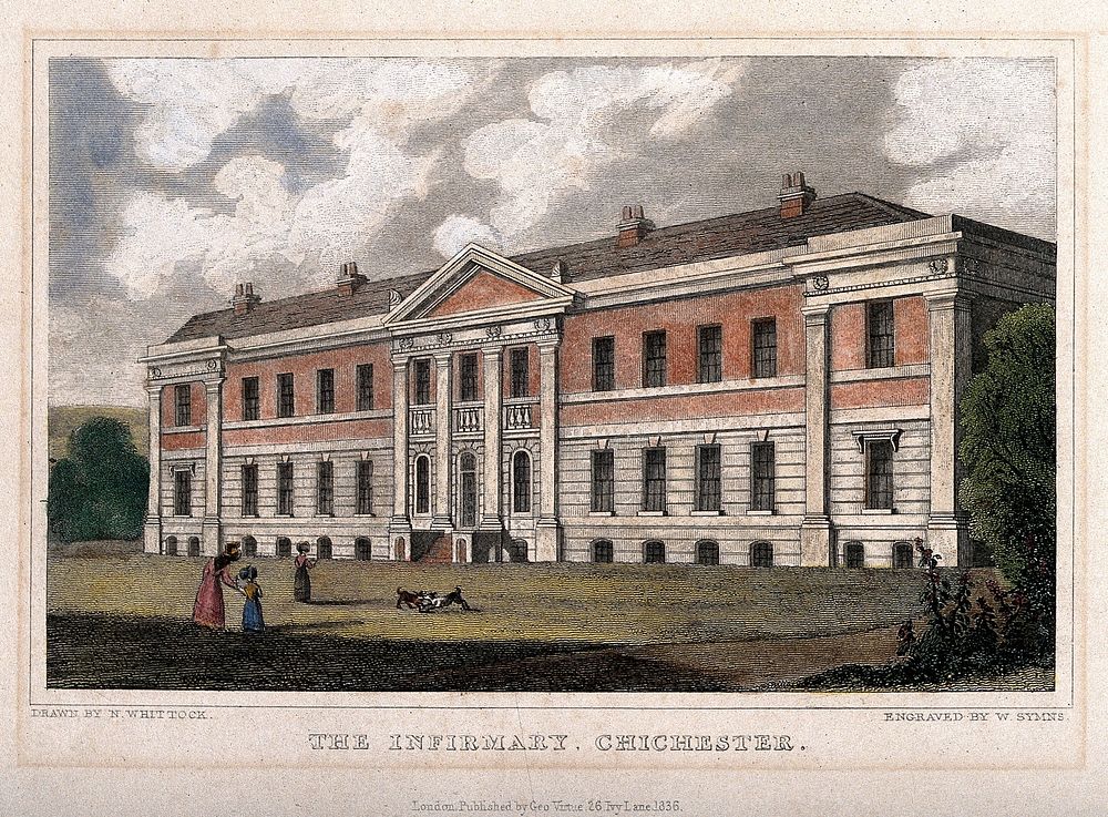 Chichester: the Infirmary. Coloured line engraving by W. Symms after N. Whittock.