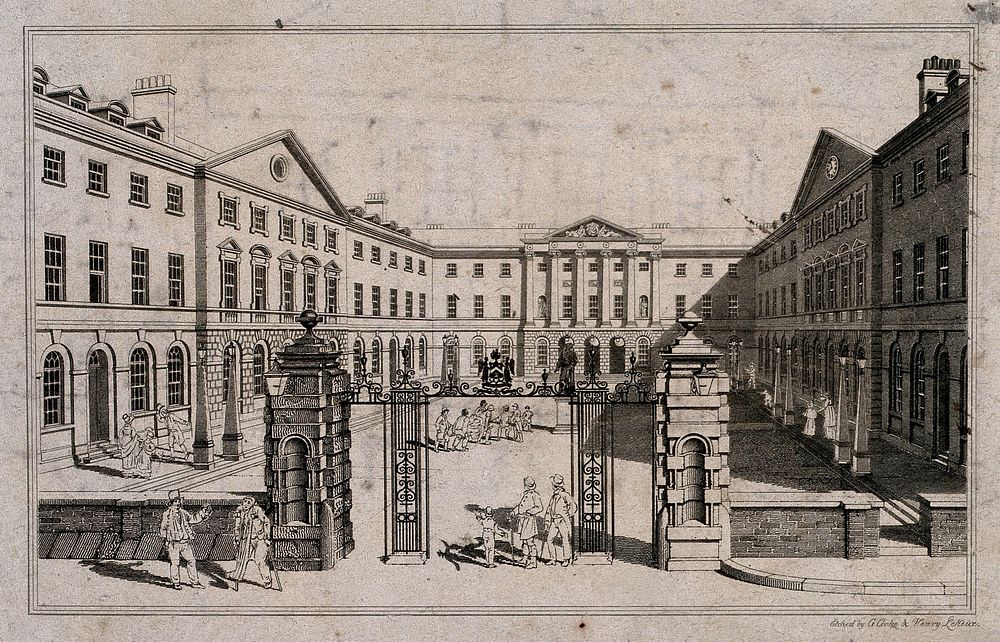 Guy's Hospital, Southwark: the entrance courtyard, with a patient being carried on a stretcher. Etching by G. Cooke and H.…