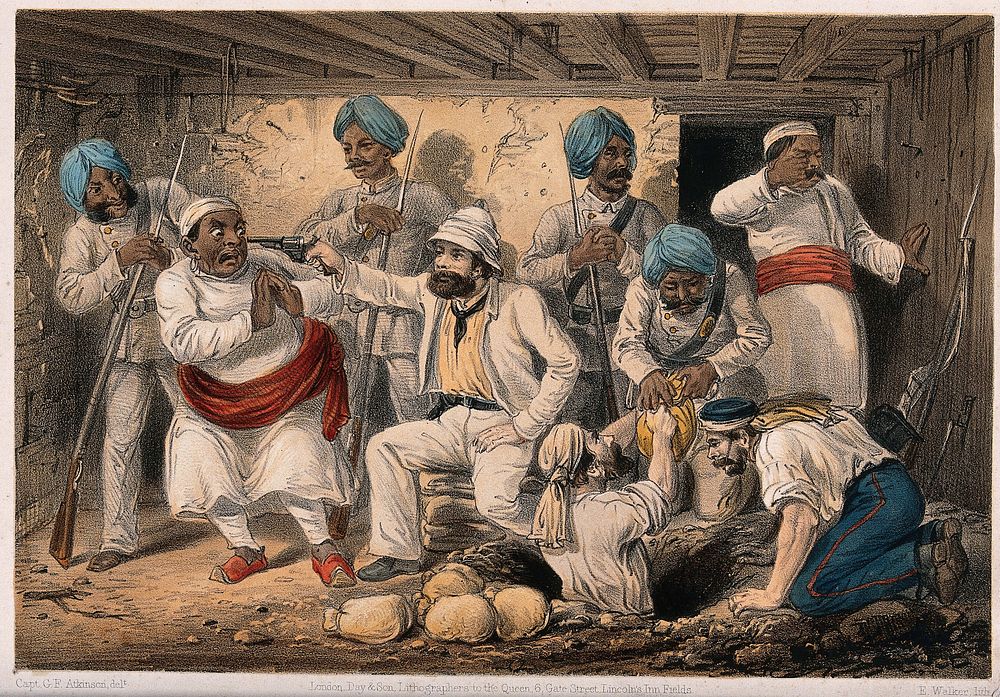 A white man (magistrate or policeman) holds a gun to the head of an Indian man as others retrieve bags of money buried in…