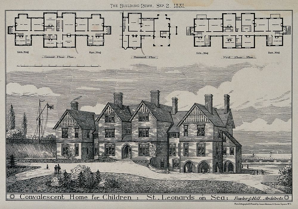 Convalescent home for children, St. Leonards: perspective view. Wood engraving, 1881.