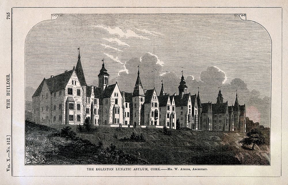Eglinton Lunatic Asylum, Cork, Ireland. Wood engraving by C. D. Laing, 1852, after W. Atkins.