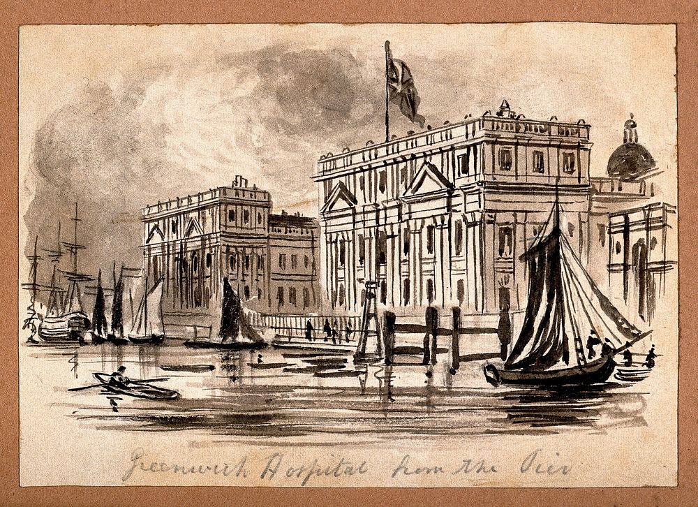 Royal Naval Hospital, Greenwich, the quay with ships in the foreground, viewed from the pier. Ink drawing.