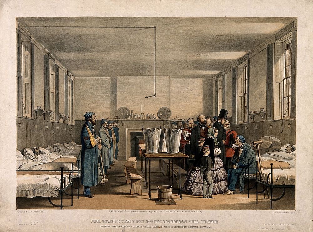 Queen Victoria and Prince Albert visiting soldiers wounded in the Crimean War, at Brompton Hospital, Chatham. Coloured…