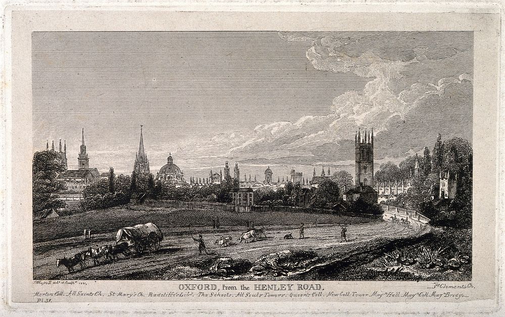 City of Oxford: from Henley Road with a panoramic view of the colleges and churches. Etching by J. Whessell, 1821, after…