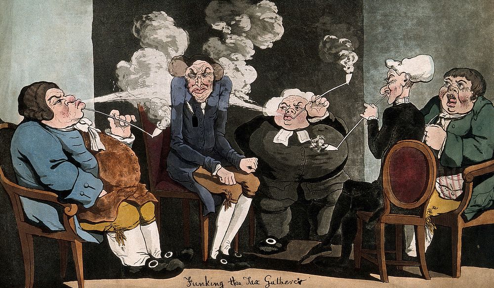 Four men sit round a tax collector and blow smoke in his face. Coloured aquatint,by J.C. Ziegler, 1799, after R. Newton.
