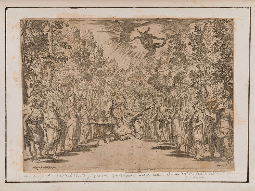 Apollo descending to kill the Python, surrounded by men and women of Delphi; representing the power of music to affect the…