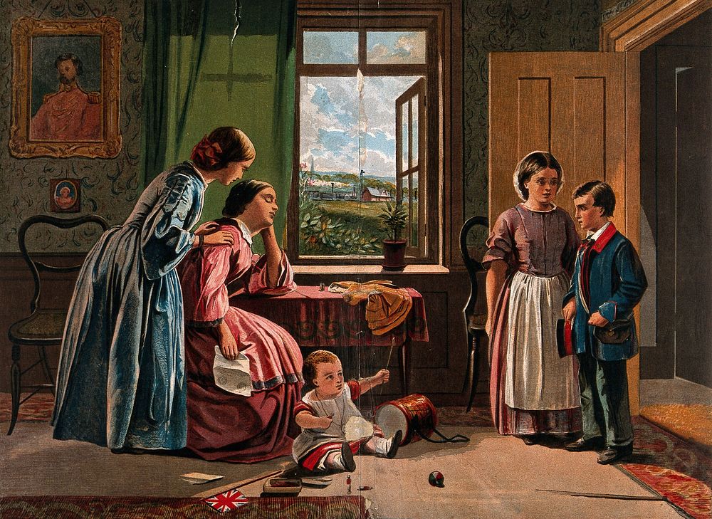 A woman, surrounded by her young children, receives a telegram with distressing news. Chromolithograph after a drawing by T.…