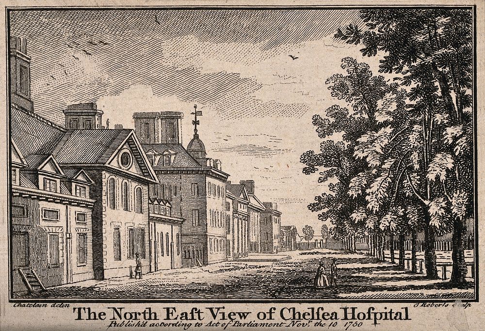 The Royal Hospital, Chelsea: view of the north facade, looking west. Engraving by J. Roberts, 1750, after J.B.C. Chatelain.