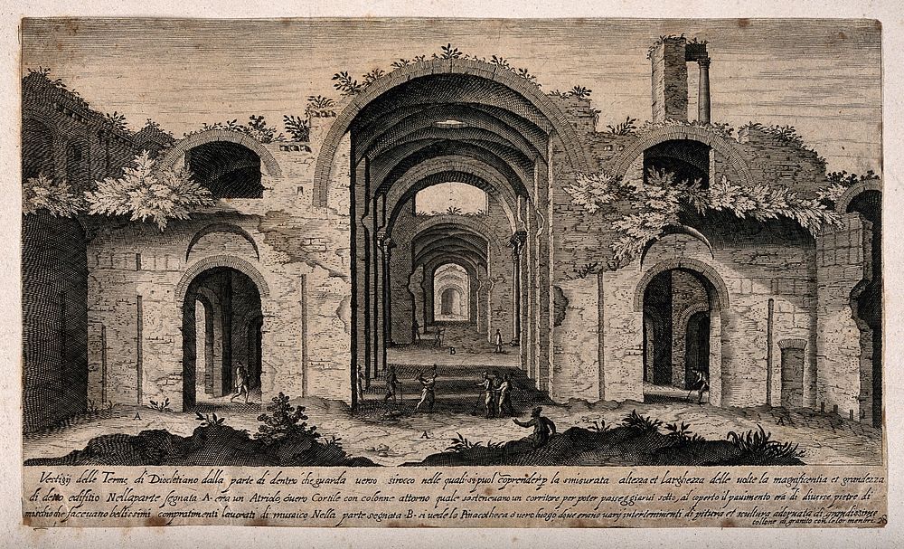 Baths of Diocletian, Rome: panoramic view with a key of the ruins. Engraving.