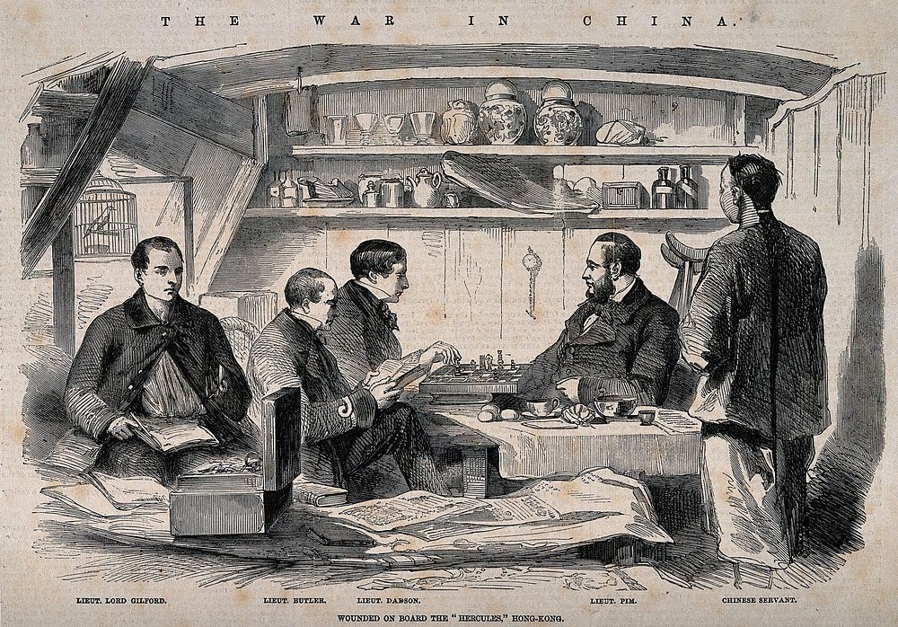 Officers recuperating on board the "Hercules", Hong Kong. Wood engraving after G.W. Cooke , 1858.