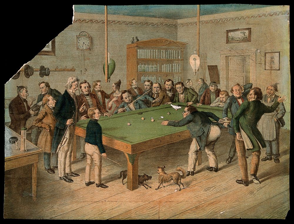 A group of man and boys are gathered around a billiard table watching as two people play a game. Coloured lithograph.
