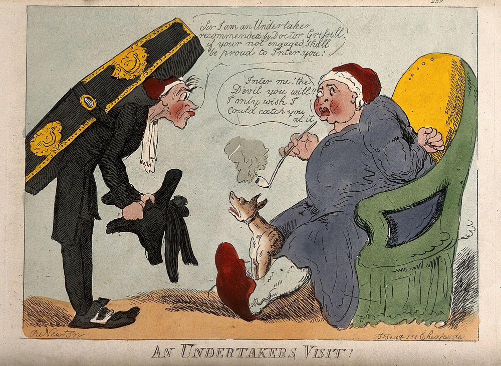 An undertaker visiting a sick man in the hope of gaining a new client. Coloured etching after R. Newton.