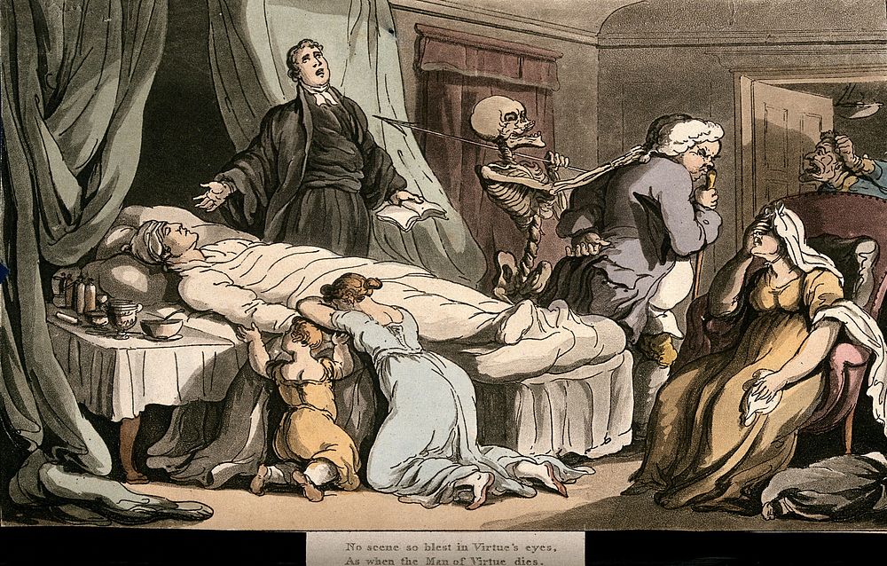 Death's triumph over a much loved family man; illustrated by a skeletal death figure pulling the hair of the retreating…