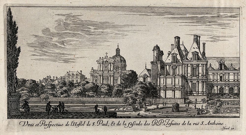 The Hôtel de St. Paul and the Jesuit church in the Rue St. Antoine. Etching.