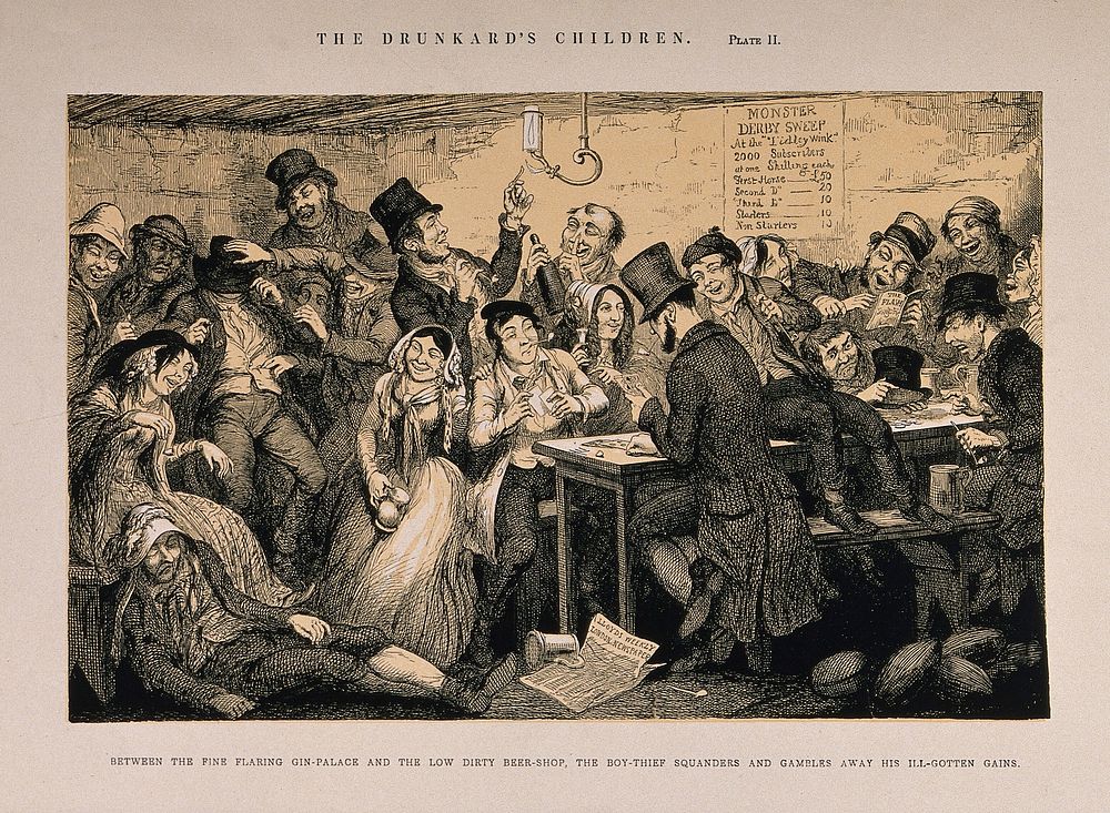 A drunken scene in a beer shop with a young thief gambling. Etching by G. Cruikshank, 1848, after himself.