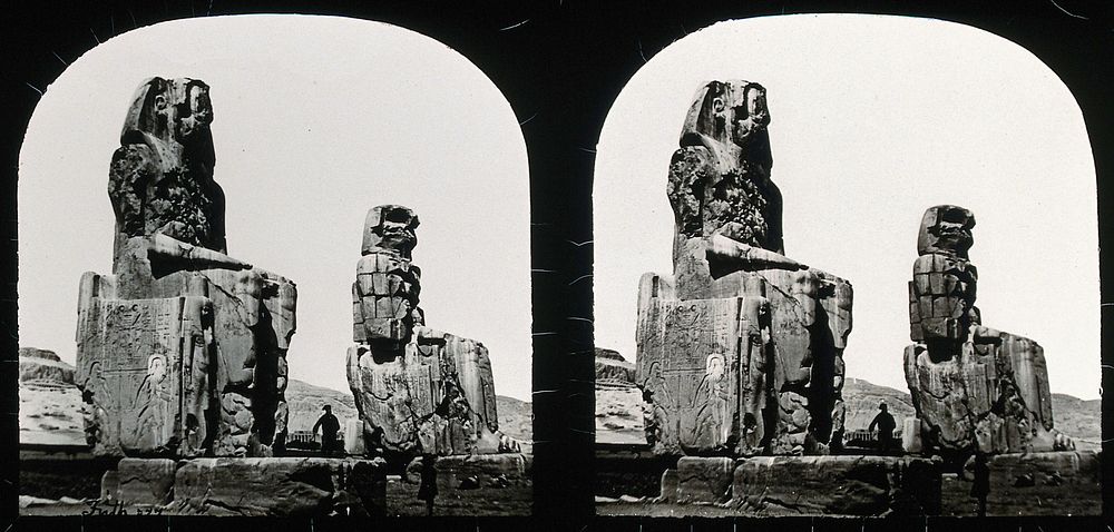 The Colossi of Memnon, Thebes, Egypt: the statues with small human figures at the base; stereoscopic views. Photograph by…