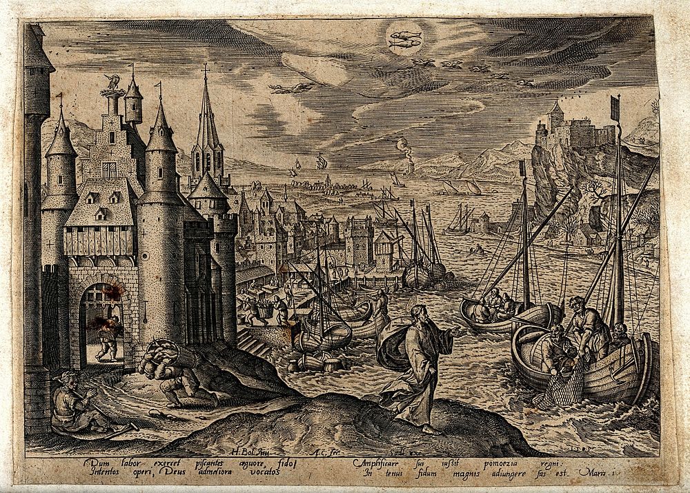 The month February and the sign of Pisces, represented by a fishing port by a city gate and by Christ's calling of the…