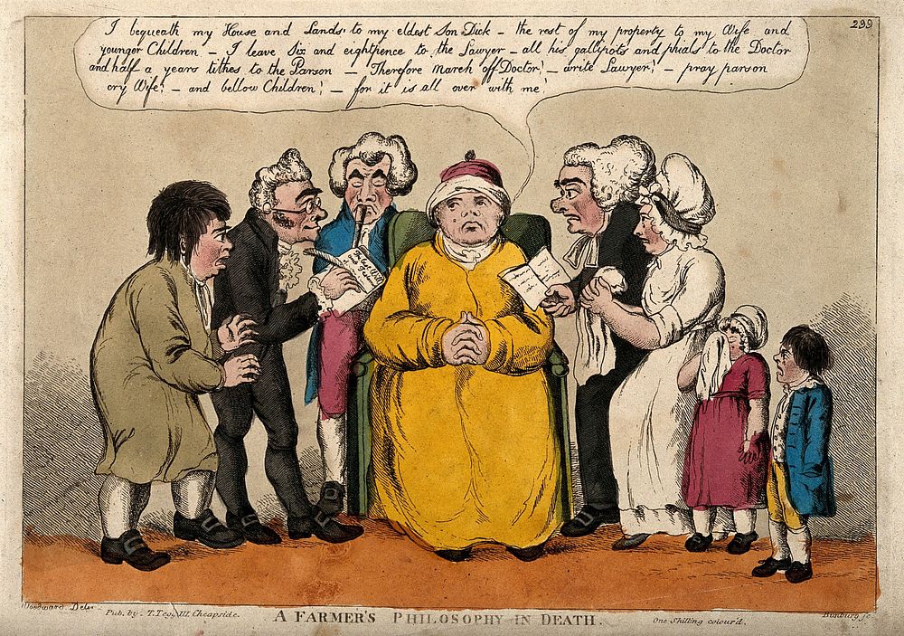 A farmer telling his family, a doctor, a vicar and a lawyer his last will and testament. Coloured etching by H.W. Bunbury…