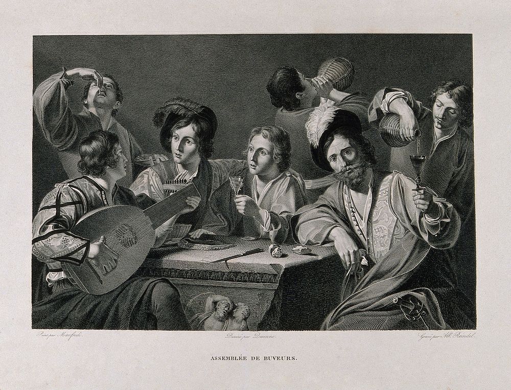 Men and boys at a table drinking as a musician plays the lute. Engraving by A. Reindel, early 19th century, after A. Desenne…