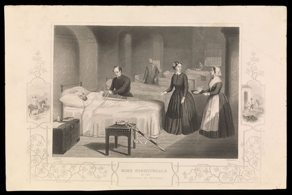 Crimean War: Florence Nightingale at the Scutari Hospital. Line engraving by G. Greatbach after J. Hind.