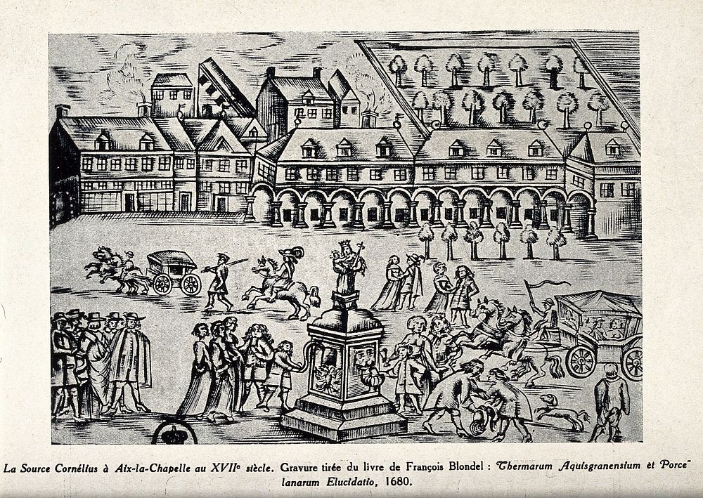 The water fountain of Cornelius at Aix-la-Chapelle. Reproduction of a woodcut, 1680.