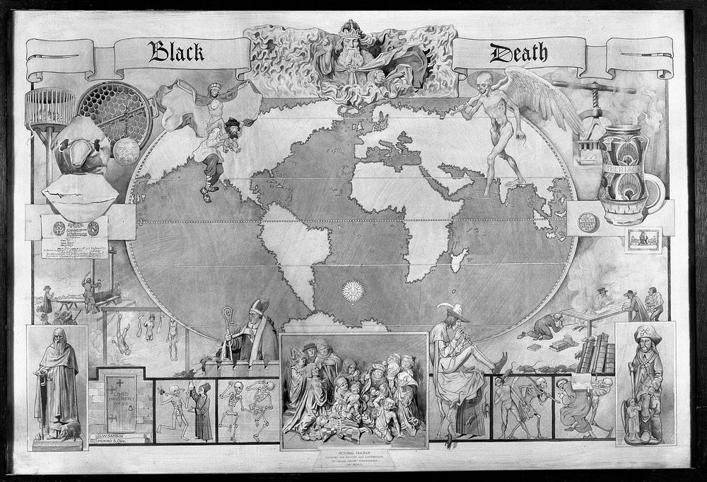 The black death: map of the world, with vignettes. Watercolour by Monro S. Orr.