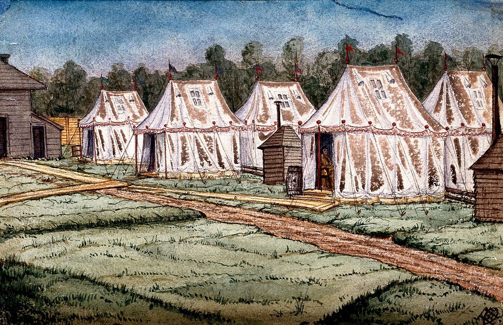 St Pancras Smallpox Hospital, London: housed in a tented camp at Finchley. Watercolour by F. Collins, 1881.