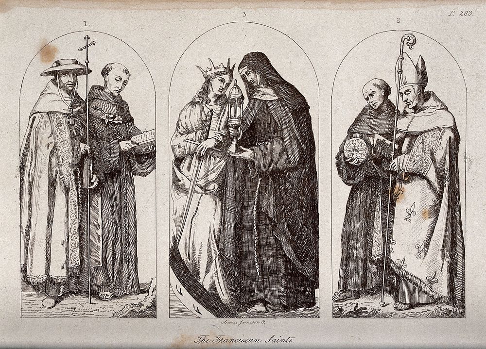 Six saints of the Franciscan order: Saint Bonaventure, Saint Anthony of Padua, Saint Catherine of Alexandria, Saint Clare of…