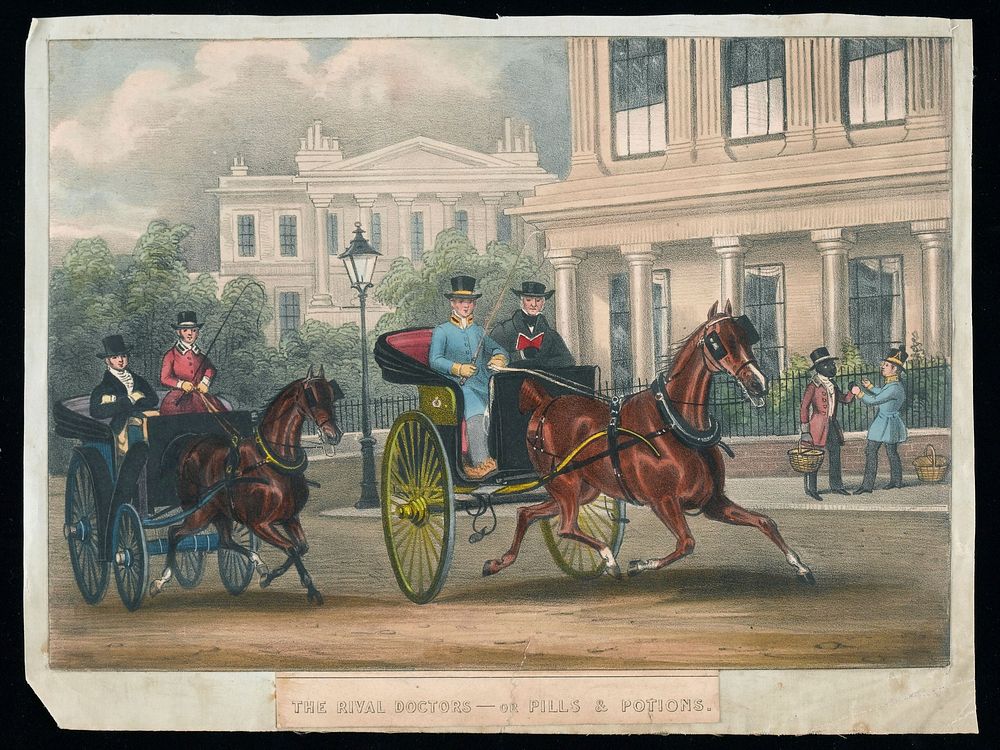 Two rival physicians ride in carriages around high-class London residences in competition for wealthy patients. Coloured…
