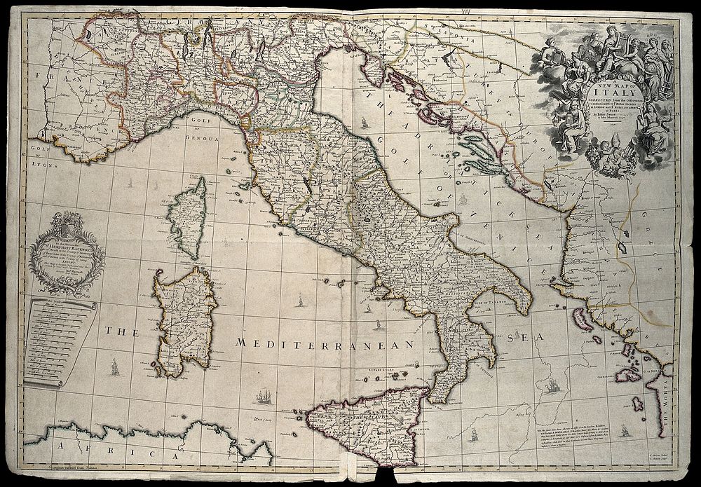 Italy: map. Coloured engraving by J. Senex, 1708, after C. Price after John Maxwell.