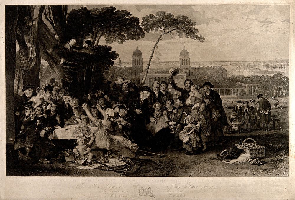 Pensioners of the Royal Naval Hospital, Greenwich, celebrating the anniversary of Nelson's victory at Trafalgar. Engraving…