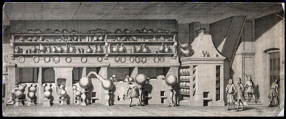 The chemical laboratory of Ambrose Godfrey: : the distilling room. Etching attributed to W.H. Toms after H. Gravelot.