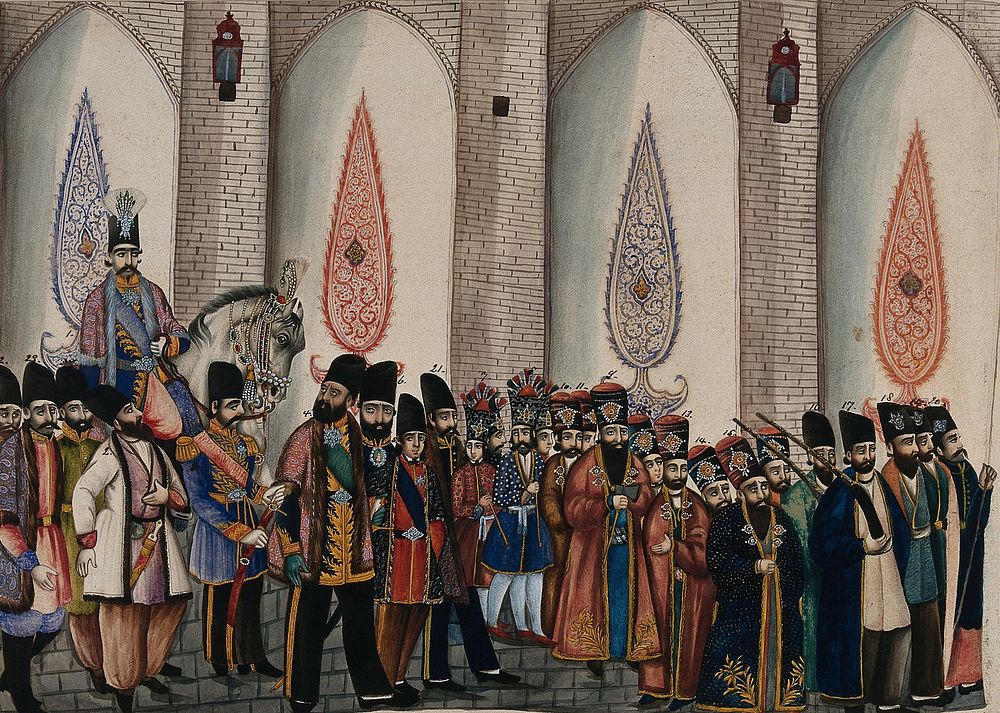 The king of Persia sitting on a horse with his entourage of officers, bodyguards, footmen and executioners around him.…