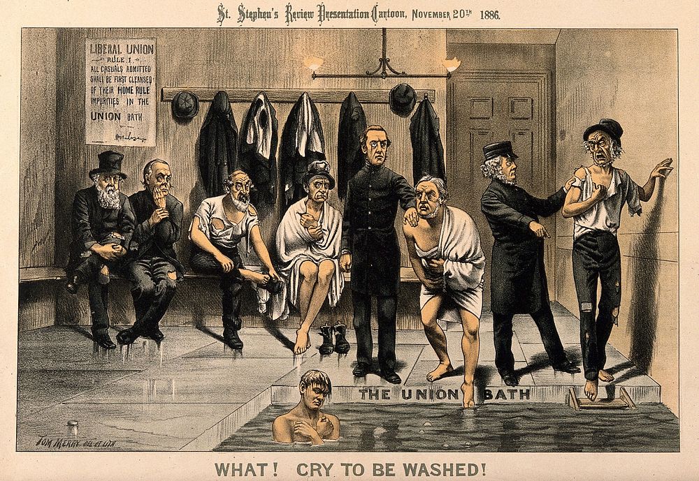 Nine men in a public bath; representing the Liberals' rejection of doubts about Home rule for Ireland. Chromolithograph by…